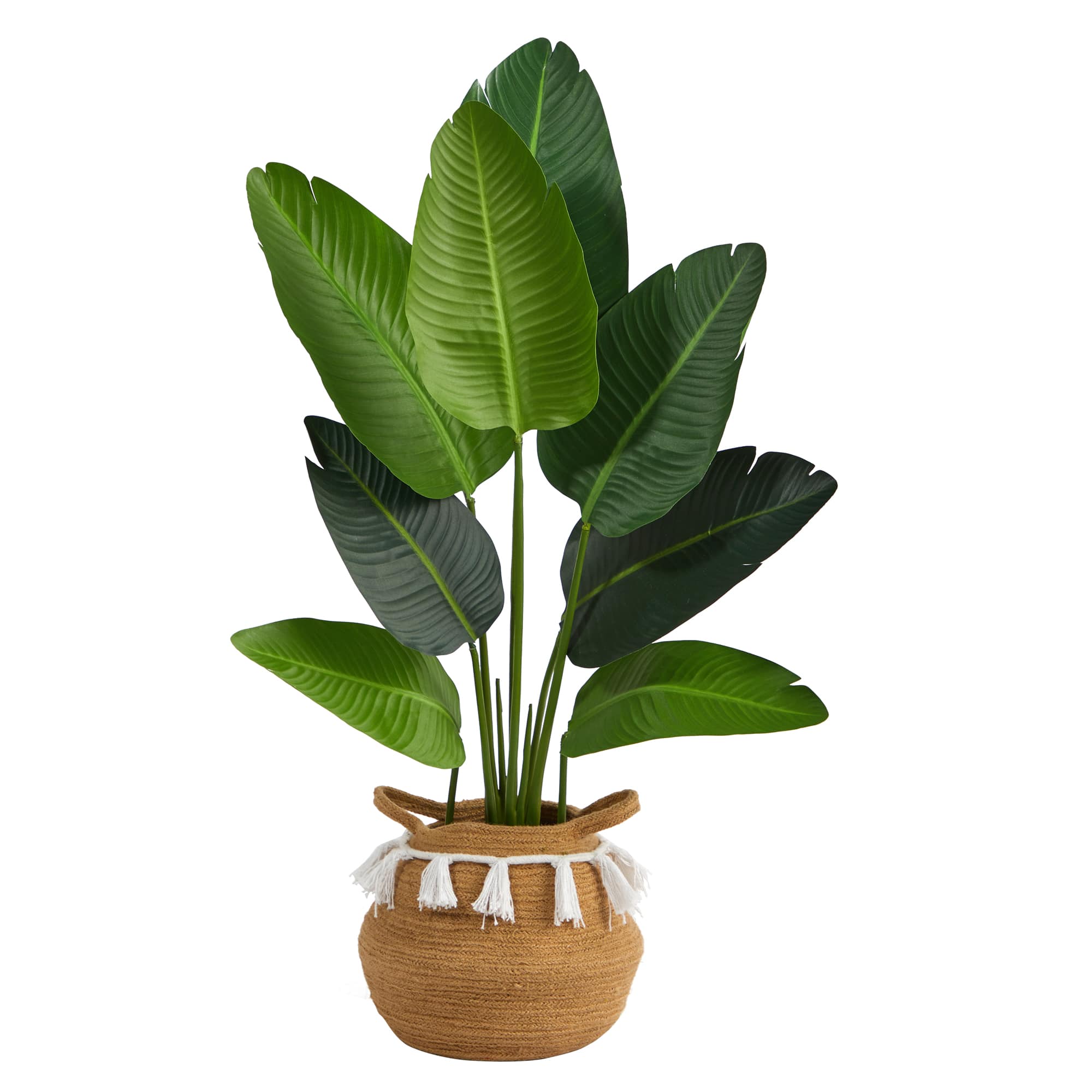 4ft. Travelers Palm Artificial Tree in Boho Chic Handmade Natural Cotton Woven Planter with Tassels
